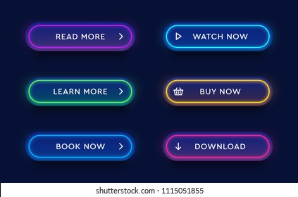 Set of vector modern neon glowing buttons. Different colors of tubes and icons on dark rounded forms. - Shutterstock ID 1115051855