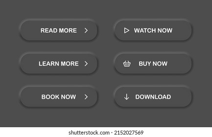 Conjunto de botones de estilo de material de neumorfismo moderno vectorial. Leer, aprender más, mirar y comprar ahora botón para aplicaciones web y móviles. EPS vectorial 10
