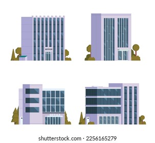 Set von Vektorgrafik modernen Bürogebäude mit vielfältiger Architektur. Elemente der Stadtgrafik