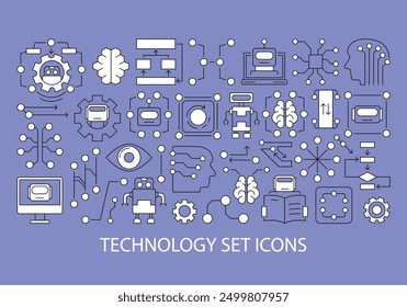 Conjunto de ilustraciones de tecnología moderna de Vector hechas con íconos minimalistas de IA, aprendizaje automático, cerebro y robot. Insignias coloridas en estilo minimalista plano para decoración y diseño.