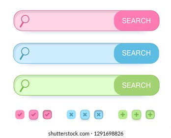 Set vector modern trendy buttons search. A magnifying glass icon and a field to enter a request for a website. Flat style. Button to add, remove, accept.