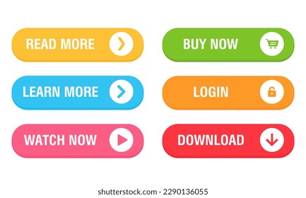 Set of vector modern trendy buttons. Trendy colors on white background. Read more, learn more, buy now, download, watch now, login colorful button set