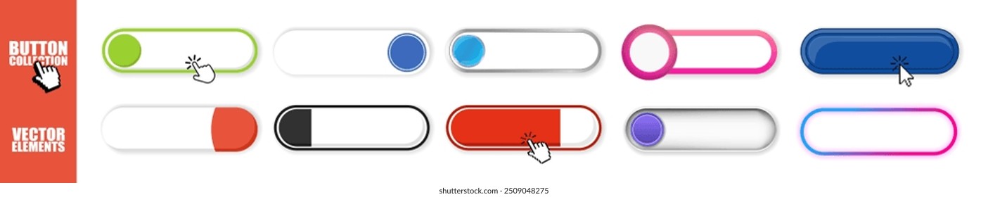 Set of vector modern trendy buttons. Trendy color buttons on transparent background. Different colorful button set. Web icons