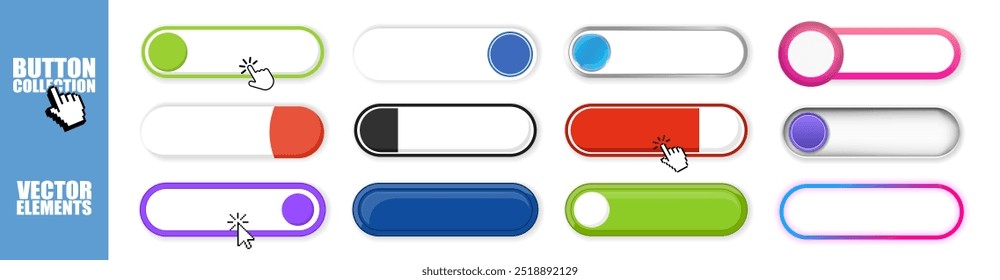 Conjunto de Botones modernos de Vector. Botones de color de moda sobre fondo transparente. Conjunto de Botón colorido diferente. Iconos web