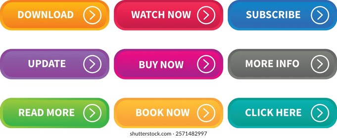 Set of vector modern trendy buttons. Trendy colors on white background. Read More, learn more, buy now, download, watch now, book more colorful button set