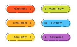 Set of vector modern trendy flat buttons. Different colors of main shapes and icons with black outline frames.