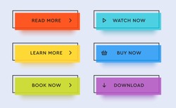 Set of vector modern trendy flat buttons. Different colors of main shapes and icons with black outline frames.