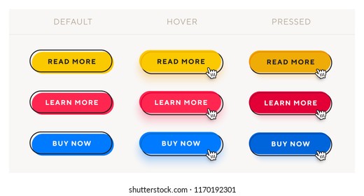 Set Of Vector Modern Trendy Flat Buttons With Different States. Different Colors Of Main Rounded Shape With Black Oval Outline Frames.