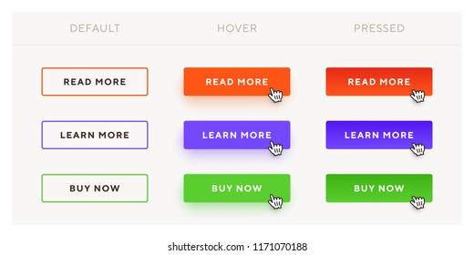Set of vector modern trendy flat buttons with different states. Different colors of main shape with rectangular outline frames.