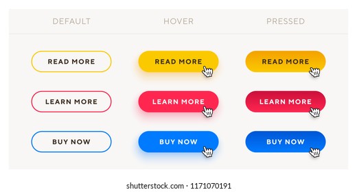 Set of vector modern trendy flat buttons with different states. Different colors of main shape with oval outline frames.