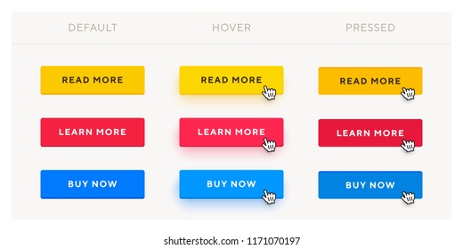 Set of vector modern trendy flat buttons with different states. Different colors of main shape with rectangular outline frames.