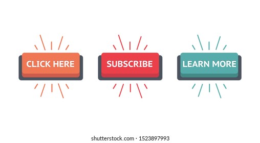 Set of vector modern trendy flat buttons. Different colors of main shapes and icons with different text in it. Click, Subscribe, Learn.