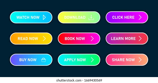 Set of vector modern trendy flat buttons on dark blue background. Different colors of main shapes and icons with white outline frames. Vector illustration.