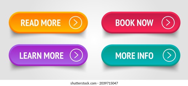 Set of vector modern trendy flat buttons. Trendy colours on white background. Read More, learn more, book now, more info, colourful button set.