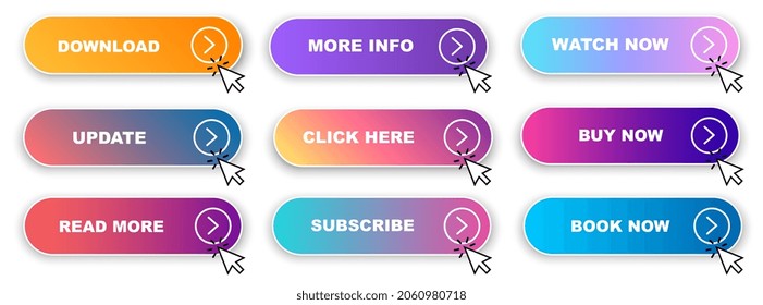 Set of vector modern trendy flat buttons. Trendy colors on white background. Read More, learn more, buy now, download, watch now, book more colorful button set