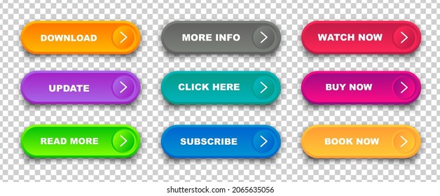 Set of vector modern trendy flat buttons. Trendy colors with transparent background. Read More, learn more, buy now, download, watch now, book more colorful button set
