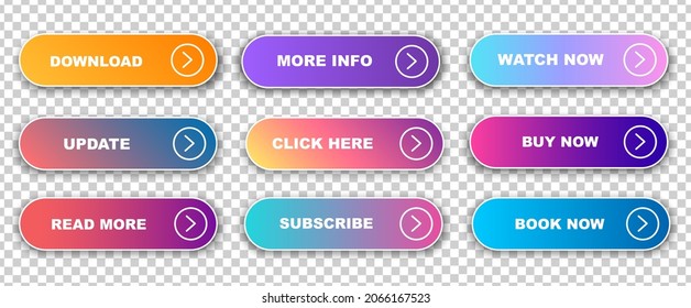 Set of vector modern trendy flat buttons. Trendy colors with transparent background. Read More, learn more, buy now, download, watch now, book more colorful button set
