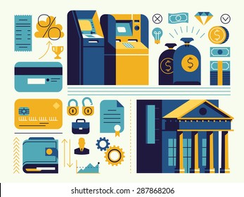 Set Of Vector Modern Trendy Flat Design Web Icons On Banking And Finance Operations, Savings And Account Managing With Bank Building, ATM Teller Machines, Credit Cards, Wallet, Cash Money And More