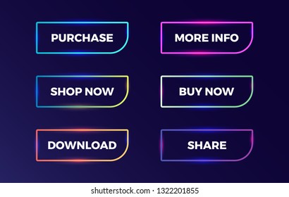 Set of vector modern trendy neon line buttons. Different colors. Purchase. More Info. Shop Now. Buy Now. Download. Share.