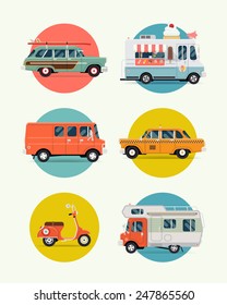 Set of vector modern web icons on city urban and travel vehicles, cars, vans and trucks circle various background icons with surf woodie car, ice cream van, yellow taxi cab, retro scooter, caravan