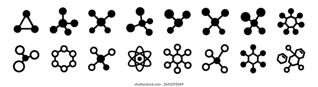 Set of vector molecular structure icons in flat black style. Abstract atom and chemistry symbols. Science, biology, and nanotechnology concepts.