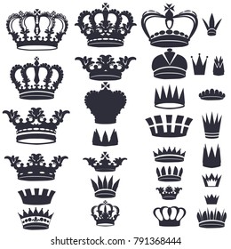 Set of vector monarchy qeen kings crowns top crest summit peak pinnacle tip head brow cap brink highest zenith apex ridge shapes design works ready.