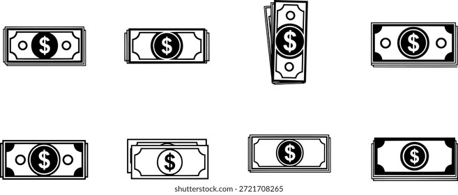 Un conjunto de siluetas de billetes de Vector, diseño de Paquetes de billetes de dólar para conceptos financieros y comerciales