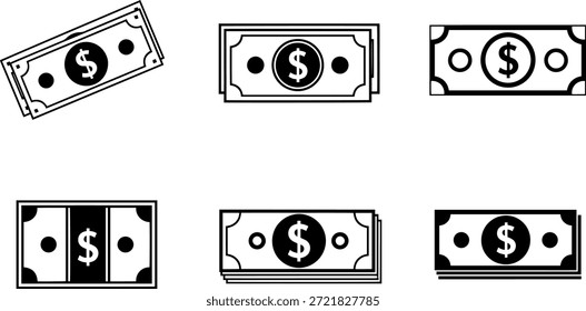 Un conjunto de siluetas de billetes de dinero de Vector, Paquete de Elementos de diseño en efectivo para conceptos financieros y comerciales