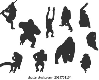 Set vector of the Monkey, The shadow of different poses isolated on white background.
