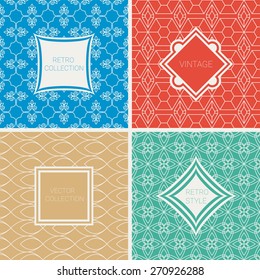 Set of Vector mono line with abstract,elegant ornament and crystals pattern on red, gold, turquoise, blue background. Perfect for greeting cards, wedding invitations, retro parties.