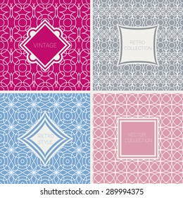 Set of Vector mono line on magenta,pink, grey and  blue background. Perfect for greeting cards, wedding invitations, retro parties. Vector labels and badges