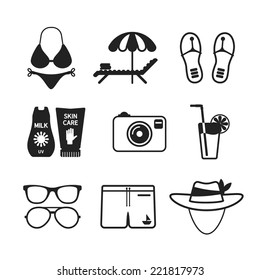 Set of vector monochrome beach vacations icons like bikini lounger tent slippers photo camera cocktail sunglasses hat and melting in flat style