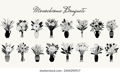 Conjunto de ramos monocromos vectoriales. Flores de primavera dibujadas a mano en jarrón. Esbozo de flores.
