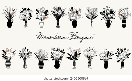 Set of vector monochrome bouquets. Hand drawn spring flowers in vase. Flowers outline.