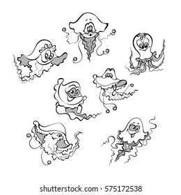 Set of vector monochrome cartoon illustrations with jellyfishes