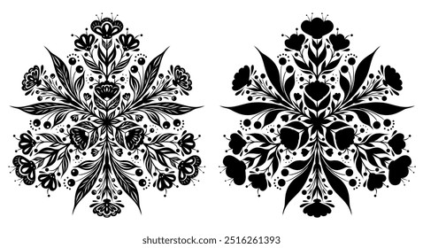 Conjunto de mandalas florais decorativas monocromáticas vetoriais isoladas sobre fundo branco. Coleção de ornamentado floresce círculo floral clip art em cores pretas para convites, cartões e adesivos