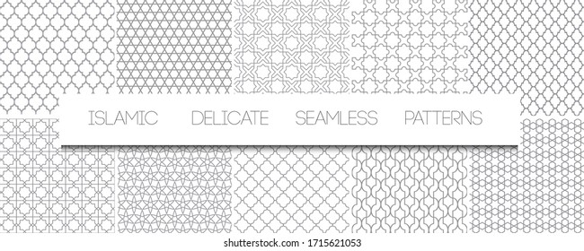 Set of vector monochrome delicate islamic seamless patterns. Geometric traditional arabian backgrounds. Repeating oriental ornaments, textures, black and white ornaments