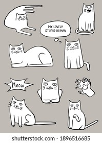 Set of vector monochrome doodles of funny adorable smart cat with strange human face. Hand drawn isolated cat illustrations and speech bubbles. For print, sticker, clipart, pin, badge, cover, card