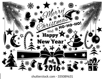 Set of vector monochrome elements for Christmas and New Year.