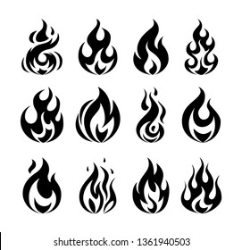 Set of vector monochrome flame icons. Simple illustrations of fire in flat style