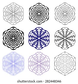 Set of vector monochrome flower mandala on a contrasting background. Snowflake