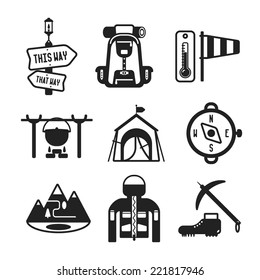 Set of vector monochrome hiking icons like backpack tent compass windbreaker bowler and climbing shoes in flat style
