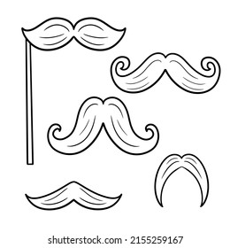 Set of vector monochrome illustration. Funny cartoon mustache for parties and practical jokes, mustache on a stick, fake funny mustache