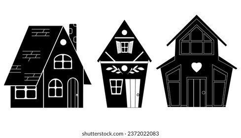 Set of vector monochrome illustrations of country houses. Collection of black silhouette cute rural buildings isolated from background. House rent. Symbols for icon, infographic