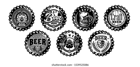 Set of vector monochrome illustrations with metal caps for beer bottles.