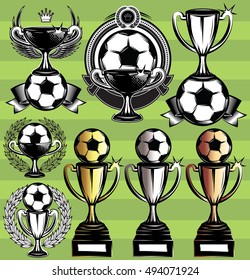 set of vector monochrome league icons with soccer ball, ribbons and cups