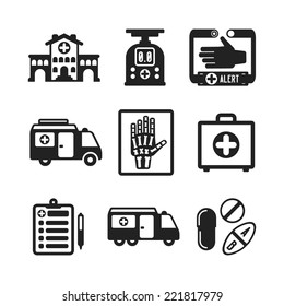 Set of vector monochrome medical icons like hospital building ambulance car first aid kit x-ray pills drugs and tablets in flat style