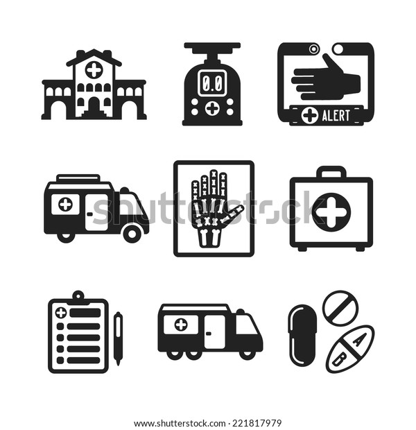 Set of vector monochrome medical icons like\
hospital building ambulance car first aid kit x-ray pills drugs and\
tablets in flat style
