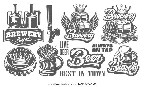 Set of vector monochrome patterns on the theme of beer and brewing.