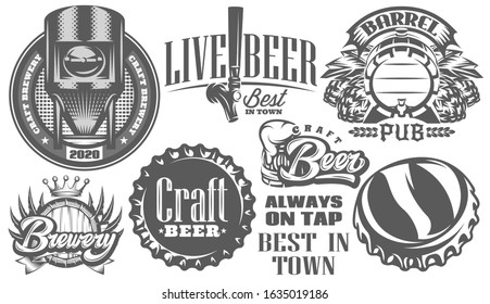 Set of vector monochrome patterns on the theme of beer and brewing.